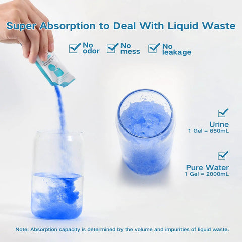 Demonstration of Portable Toilet Absorbent Gel And Urine Powder For Camping And Outdoor Use 25 Packets Odor Control