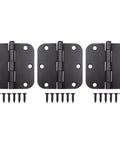 Three And A Half Inch Door Hinges With Five Eighth Inch Radius Corner In Oil Rubbed Bronze Heavy Duty Steel Construction Three Pack For Interior And Exterior Doors Smooth Operation And Lasting Finish For Easy Install, with screws