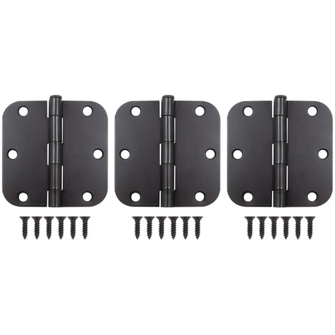 Three And A Half Inch Door Hinges With Five Eighth Inch Radius Corner In Oil Rubbed Bronze Heavy Duty Steel Construction Three Pack For Interior And Exterior Doors Smooth Operation And Lasting Finish For Easy Install, with screws