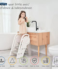 Hassle Free Three Step Bathroom Stool For Toddlers With Adjustable Handlebars Built Tough And Foldable Includes Faucet Extender, child using stool at sink, sturdy and safe design.