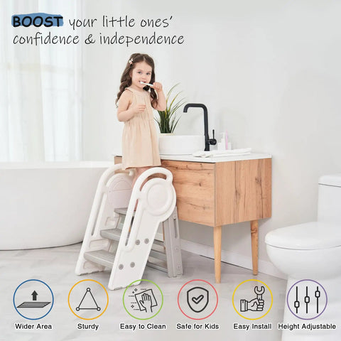 Hassle Free Three Step Bathroom Stool For Toddlers With Adjustable Handlebars Built Tough And Foldable Includes Faucet Extender, child using stool at sink, sturdy and safe design.