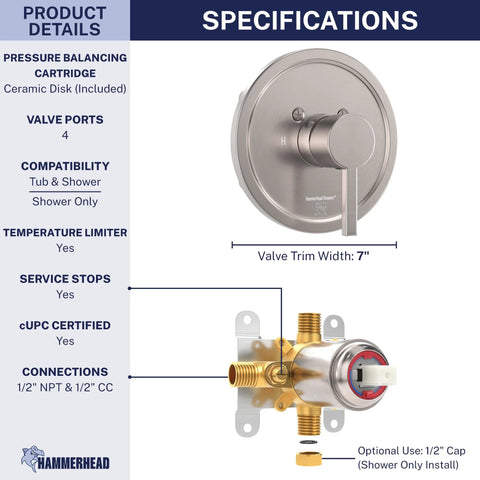 Front view of HammerHead brushed nickel single-handle shower valve trim kit with rough-in valve and 7-inch trim width