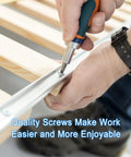 Person using a screwdriver to fasten wood with metal strip, demonstrating the Huge 900 Piece Stainless Steel Nuts And Bolts Set With Metric M3 M4 M5 M6 Screws Pan Head Phillips Drive And Flat Washers 24 Sizes For Home DIY Projects And Repairs And Craft Work.