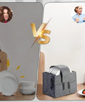 Road Ready Felt Plate Organizer And Campervan Cabinet Game Changer, Knockout Eight Slot Dinnerware Holder In Clean Gray side by side comparison with chaos vs organization.