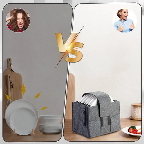 Road Ready Felt Plate Organizer And Campervan Cabinet Game Changer, Knockout Eight Slot Dinnerware Holder In Clean Gray side by side comparison with chaos vs organization.