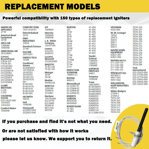 Compatibility chart for Universal Silicon Nitride Hot Rod Ignitor, listing 150 replacement models for furnaces and heaters.