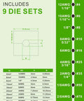 Chart showing 9 die sets for the Heavy Duty Hydraulic Wire Rope Crimping Tool for Stainless Steel Cable 1/8 In and 3/16 In