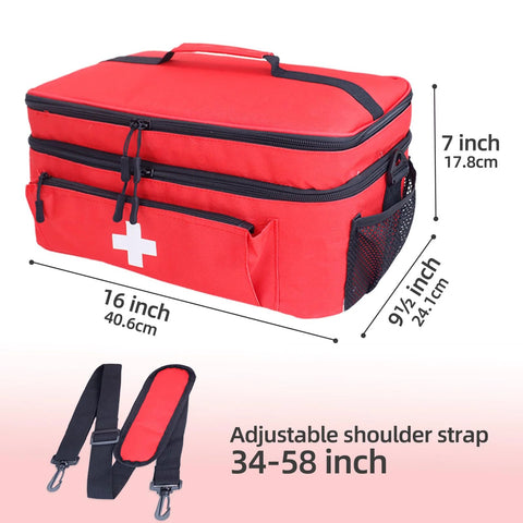 Front view: ALSLEA red first aid bag with white cross; three zip pockets, side mesh pocket, adjustable shoulder strap