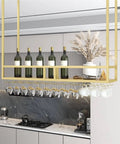 Ceiling Hanging Wine Glass Rack And Bottle Holder With Solid Wood Shelf And Metal Frame For Overhead Kitchen Bar Grade Storage Wall Mount Display Space Saver Great For Glasses Bottles Plants And Decor