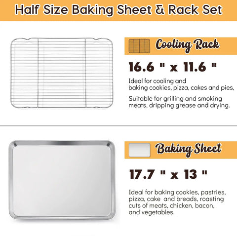 Half Sheet Baking Pan With Wire Cooling Rack Set For Oven Cooking 17.7 By 13 Inch Stainless Steel Tray with dimensions