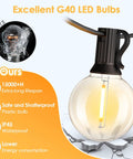 25 Foot G40 LED Outdoor String Lights With 11 Bulbs Plug In Waterproof Patio String Lights For Backyard Parties Dimmable Shatterproof Safe Design Black Finish Porch Balcony Decor highlighting features like shatterproof plastic bulb and IP45 waterproof rating.