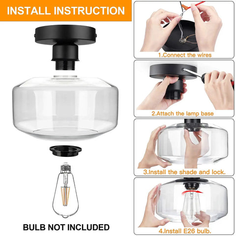 Industrial Semi Flush Mount Ceiling Light with Clear Glass Pendant Shade installation steps and parts