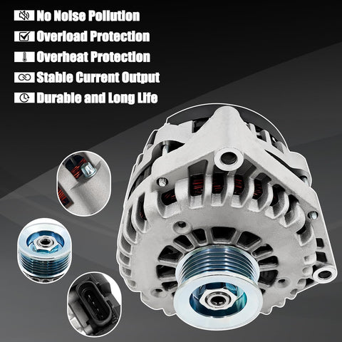 High Output 220 Amp 48237 Alternator Replacement For Cadillac Escalade ESV EXT Chevy Silverado Tahoe Suburban Trailblazer GMC Sierra Yukon Yukon XL Envoy Savana Isuzu Ascender Saab 9 7x 1999 2006 Easy Install featuring side view of alternator design and components
