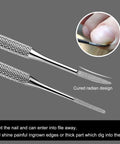 Ingrown Toenail File And Lifter Set Double Sided Stainless Steel Pedicure Tool close-up with curved ends