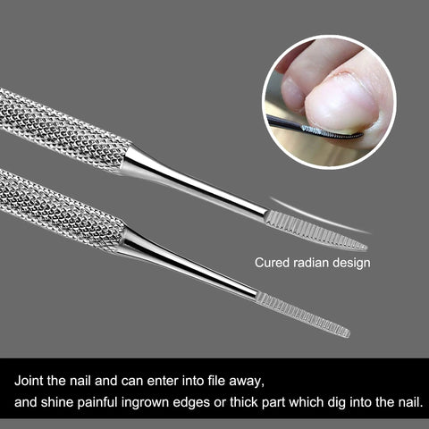 Ingrown Toenail File And Lifter Set Double Sided Stainless Steel Pedicure Tool close-up with curved ends