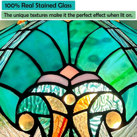 Sea Green Tiffany Style Pendant Light 12 Inch Wide Stained Glass Hanging Lamp for Kitchen Dining Room and Bar, close-up