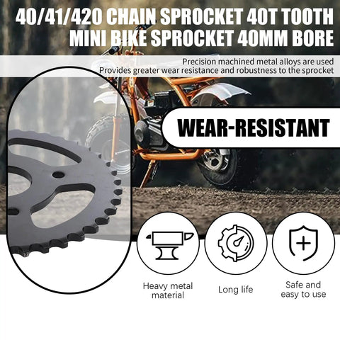 Beefed Up Mini Bike Sprocket 40T 420 Chain Sprocket with 40mm Bore shown with mini bike backdrop, emphasizing wear resistance.