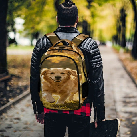 Man wearing Autumn Running Golden Retriever Printed Backpack For Everyday Use Unisex Large Capacity Daypack on path