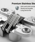 Close-up of 4 Pack Stainless Steel 180 Degree Hidden Cabinet Hinges for Frameless Doors, anti-rust design, durable and seamless.
