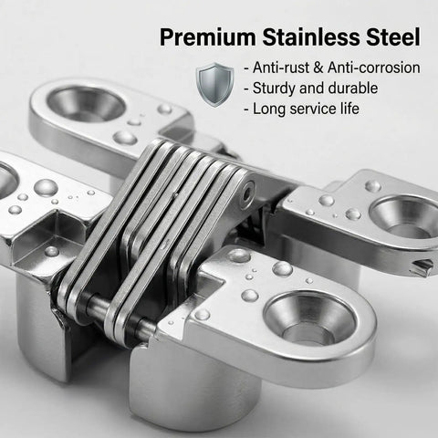 Close-up of 4 Pack Stainless Steel 180 Degree Hidden Cabinet Hinges for Frameless Doors, anti-rust design, durable and seamless.