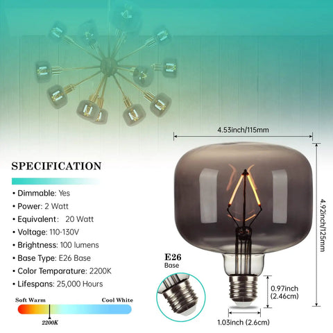 Large Vintage E26 Edison LED Globe Bulb 20W Equivalent Dimmable 2200K Soft Warm Smoky Gray Glass Conical Design specs