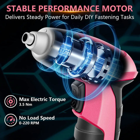 Close-up of Straight Up Handy Compact Cordless Screwdriver With Forward Reverse Control showcasing 3.5 Nm torque feature.