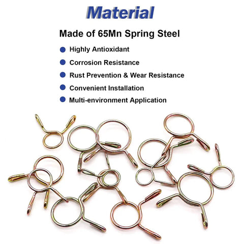310 Piece Hose Clamp Set with 65Mn spring steel material, showing corrosion-resistant and rust prevention features.