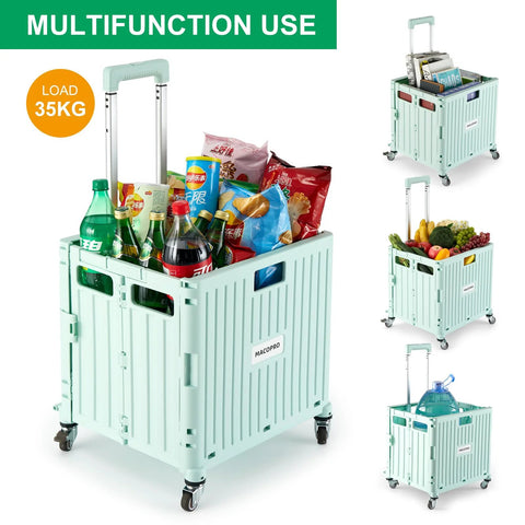 Front view of mint-green foldable utility cart with four wheels and extendable handle filled with groceries