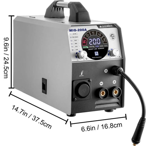6 In 1 200 Amp MIG Welder With Flux Core TIG MMA Semi Auto Welding Machine showing dimensions