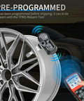 Top Shelf TPMS Tire Pressure Monitoring Sensors For Smooth Rolling Toyota 4Runner FJ Cruiser And Lexus CT ES GS GX IS LX Scion Models 2003 To 2017 mounted on a wheel, showing pre-programmed sensor.