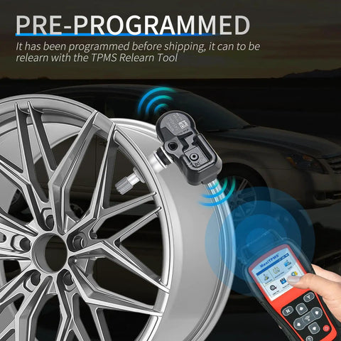 Top Shelf TPMS Tire Pressure Monitoring Sensors For Smooth Rolling Toyota 4Runner FJ Cruiser And Lexus CT ES GS GX IS LX Scion Models 2003 To 2017 mounted on a wheel, showing pre-programmed sensor.