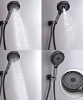 Wall Mounted Thermostatic Shower System Featuring LED Digital Display And A Slick 12 Inch Rain Shower Head With A Three Function Handheld Sprayer, showcasing various spray settings.