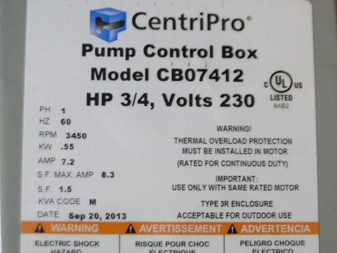 CentriPro Three Quarter HP 230 Volt Submersible Water Well Pump Control Box CB07412 label showing technical specifications.