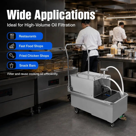 Top Shelf Heavy Duty Commercial Deep Fryer Oil Filter Machine 55 Liter 14 Gallon Hella Durable Stainless Steel Cart in restaurant kitchen.