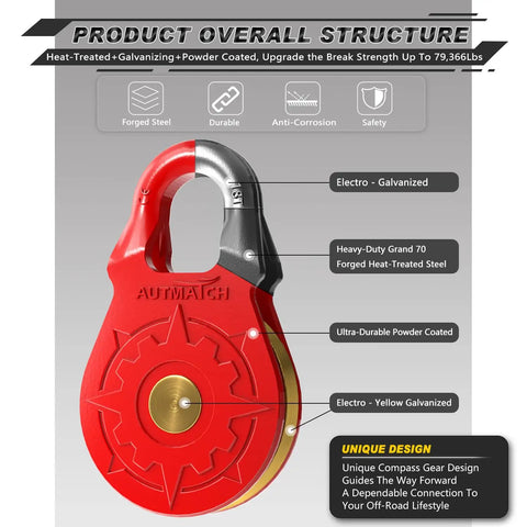 Winch Snatch Block 18 Ton Pulley For Off Road Recovery Red Heavy Duty Beefed Up Gear That Handles 39,683 Lbs Capacity And 79,366 Lbs Break Strength, Compatible With Synthetic Rope Or Steel Cable For Trucks UTVs And ATVs, red galvanized steel
