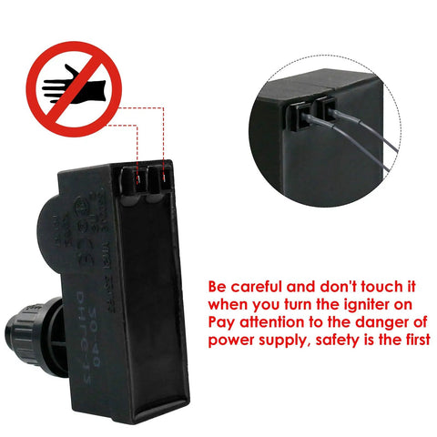Close-up of Two Outlet Push Button Grill Igniter Kit For Char Broil Grills, showing wire connectors. Safety warning displayed.