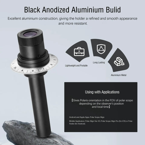 No Fuss Polar Alignment Scope For EQ3 Telescope Mount with black anodized aluminum build, lightweight and portable.