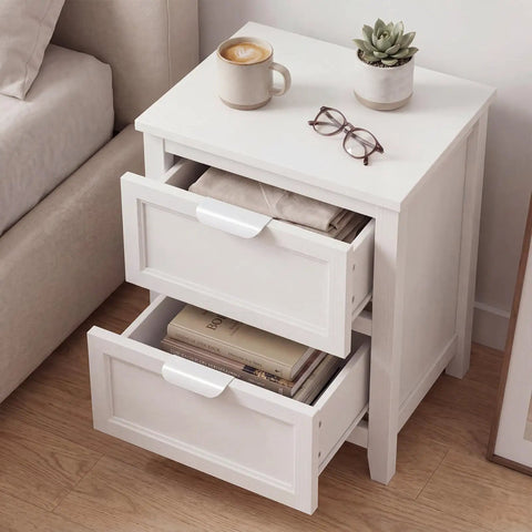 Open white dresser drawers with No Drill Self Adhesive Finger Pulls for Cabinets, 20 Pack, 3.15 Inch White, cup and plant on top.