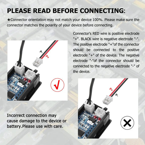 Diagram showing connection instructions for 3.7V 40mAh 301020 LiPo Battery Pack With PH2.0mm JST Connector