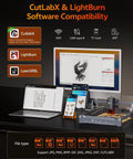 Beginner Friendly 5W Portable Laser Engraver With Wireless App Control, High Precision 200x300mm Engraving Area For Wood Metal Acrylic Leather shown with software compatibility on screen and devices.