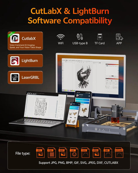 Beginner Friendly 5W Portable Laser Engraver With Wireless App Control, High Precision 200x300mm Engraving Area For Wood Metal Acrylic Leather shown with software compatibility on screen and devices.