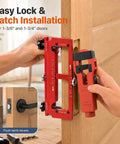 Complete Door Hinge Jig And Lock Installation Kit With Reliable Mortise Guiding Tray For Flawless Cabinet Work And Honestly No Sweat Weekend Builds, red jig in use.