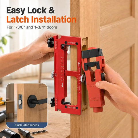 Complete Door Hinge Jig And Lock Installation Kit With Reliable Mortise Guiding Tray For Flawless Cabinet Work And Honestly No Sweat Weekend Builds, red jig in use.