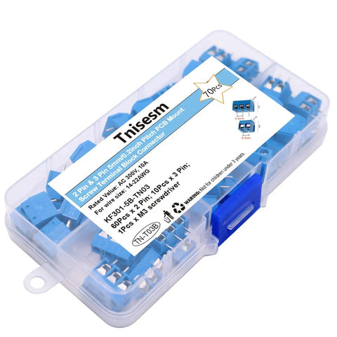 Boxed 2 Pin And 3 Pin 5mm Pitch PCB Mount Screw Terminal Block Connectors Blue For 14 To 22 AWG Wire Rated 300V 10A in plastic case
