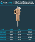 Three Quarter Inch Temperature And Pressure Relief Valve With Push To Connect Brass Fittings Bronze Body For Copper And CPVC Piping 150 PSI Maximum Water Heater Safety Valve With Inert Thermal Element Coating To Minimize Mineral Build Up displayed above product specifications.