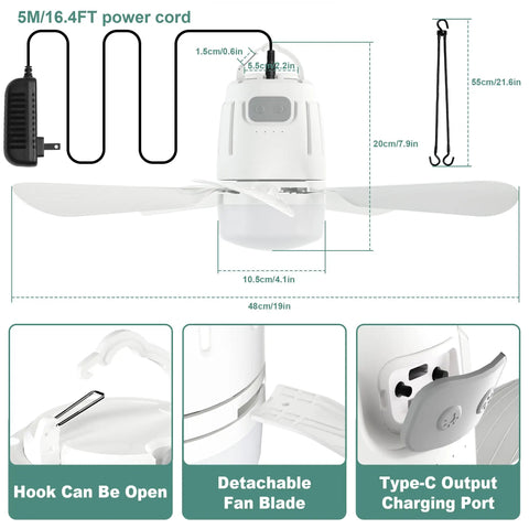 Go To 20 Inch Portable Outdoor Ceiling Fan With Light And Remote For Gazebo Tent Patio Camping 20000mAh Battery Pack shown with dimensions and details