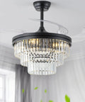 SYDACG 42" Black Crystal Fandelier Ceiling Fans with Lights, close-up of crystal and fan blades in living room setting.