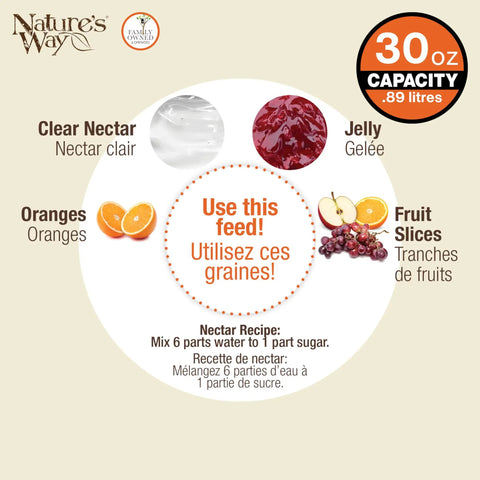 Hanging Glass Oriole Feeder instructions showing nectar, jelly, oranges, fruit slices for 30-ounce feeder, English and French text.