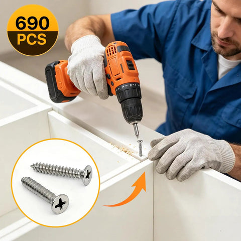 Badass Durable 690 Piece Wood Screw Assortment Kit With 304 Stainless Steel Pan And Flat Head Phillips Fasteners being used in a DIY project.