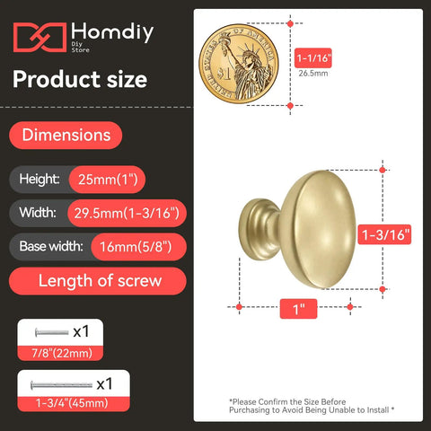 Product dimensions of Champagne Bronze Cabinet Knobs Set of 25, Solid Zinc Alloy with height 25mm and width 29.5mm.